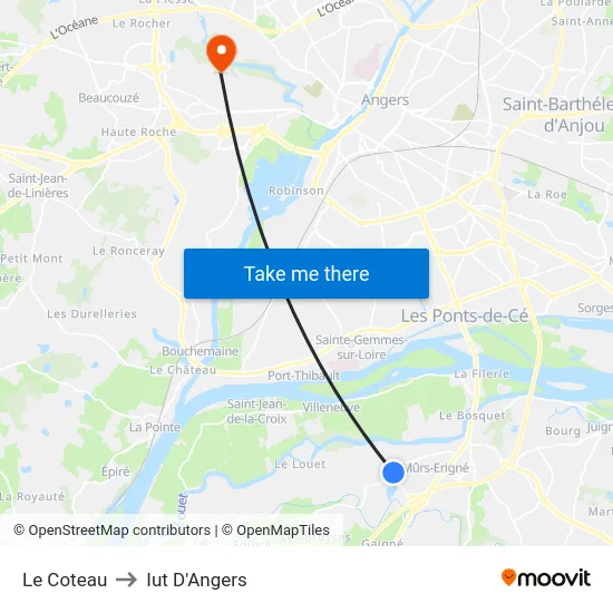 Le Coteau to Iut D'Angers map