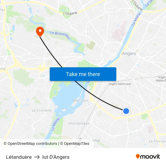 Létanduère to Iut D'Angers map