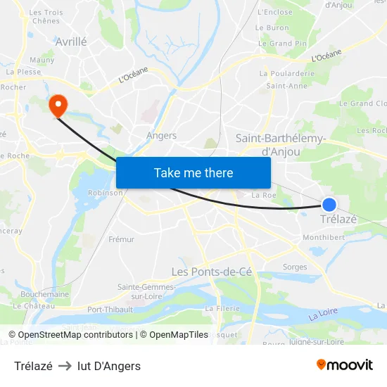 Trélazé to Iut D'Angers map