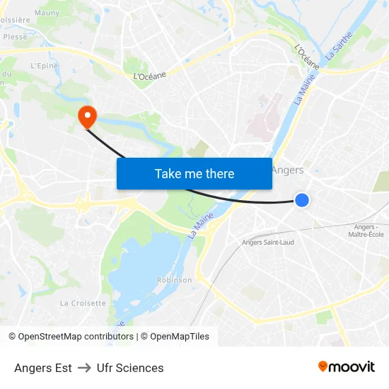 Angers Est to Ufr Sciences map