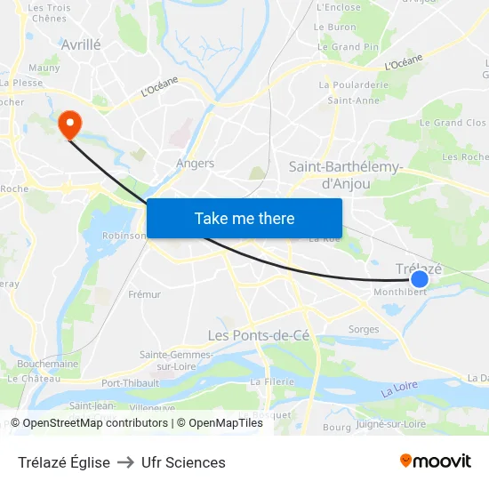 Trélazé Église to Ufr Sciences map