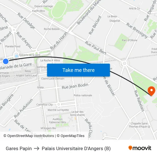 Gares Papin to Palais Universitaire D'Angers (B) map