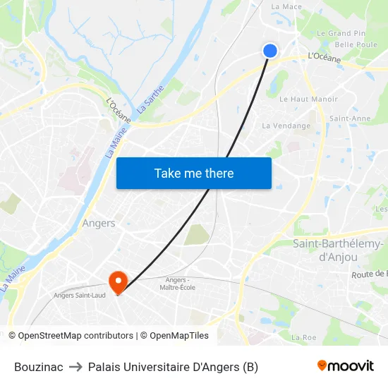 Bouzinac to Palais Universitaire D'Angers (B) map
