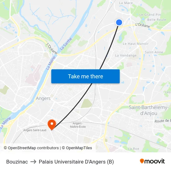 Bouzinac to Palais Universitaire D'Angers (B) map