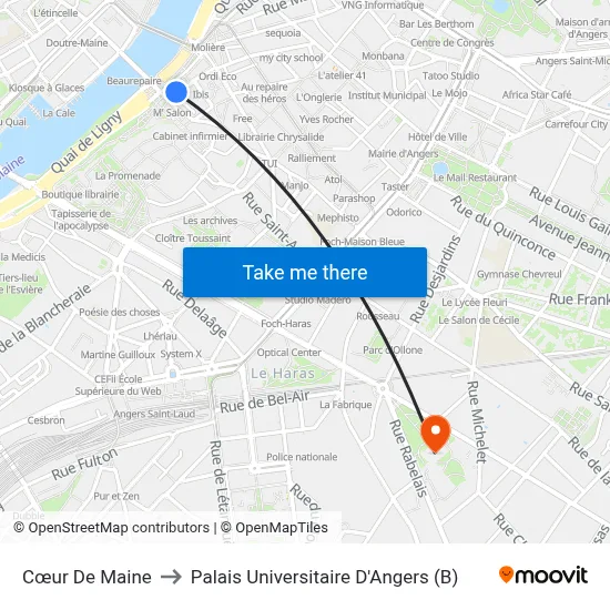 Cœur De Maine to Palais Universitaire D'Angers (B) map