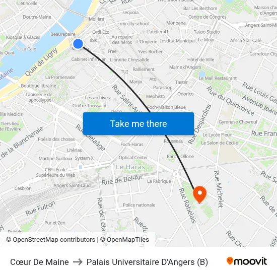 Cœur De Maine to Palais Universitaire D'Angers (B) map