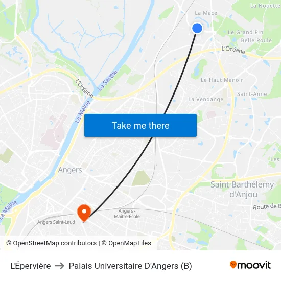 L'Épervière to Palais Universitaire D'Angers (B) map