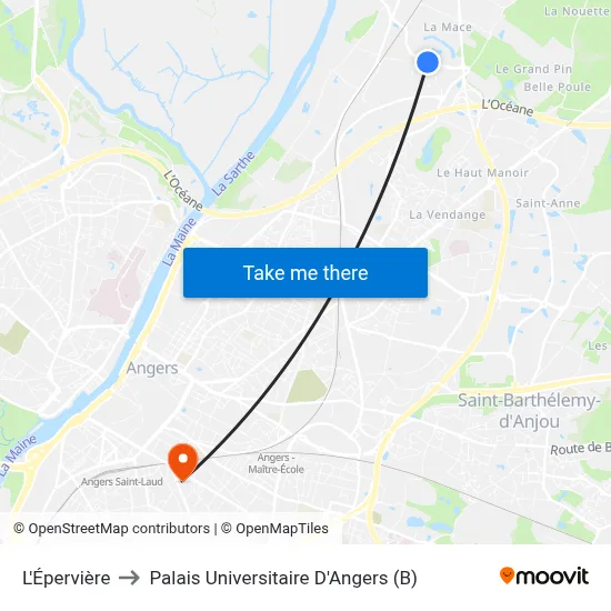 L'Épervière to Palais Universitaire D'Angers (B) map