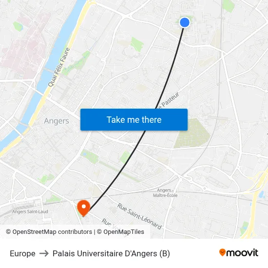 Europe to Palais Universitaire D'Angers (B) map