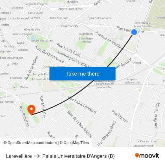 Larevellière to Palais Universitaire D'Angers (B) map