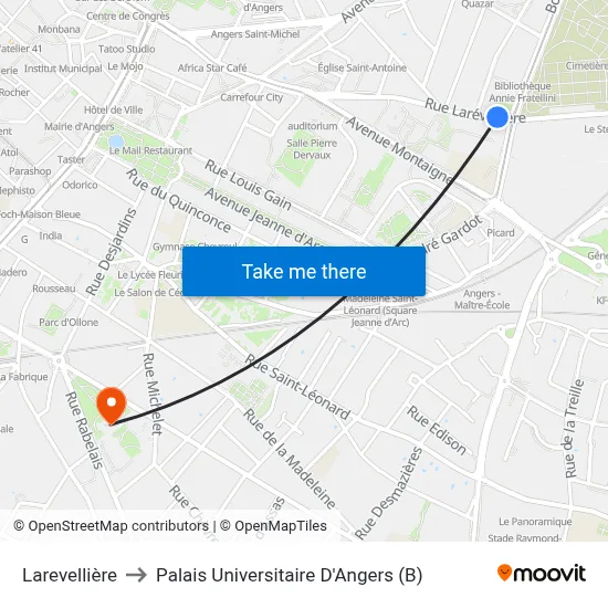 Larevellière to Palais Universitaire D'Angers (B) map