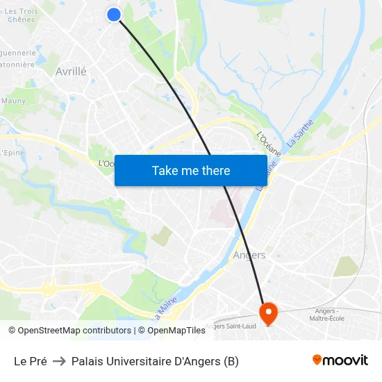 Le Pré to Palais Universitaire D'Angers (B) map