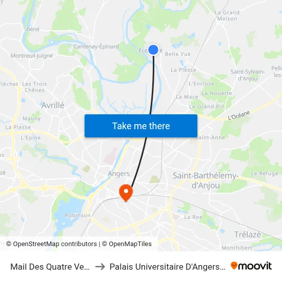 Mail Des Quatre Vents to Palais Universitaire D'Angers (B) map