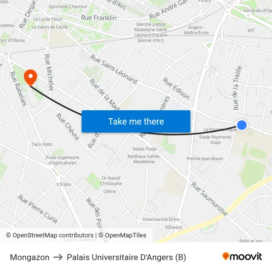 Mongazon to Palais Universitaire D'Angers (B) map