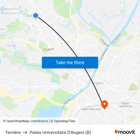 Ternière to Palais Universitaire D'Angers (B) map