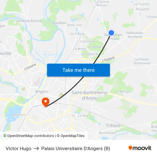 Victor Hugo to Palais Universitaire D'Angers (B) map