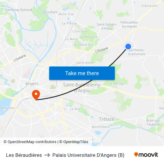 Les Béraudières to Palais Universitaire D'Angers (B) map