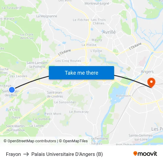 Frayon to Palais Universitaire D'Angers (B) map