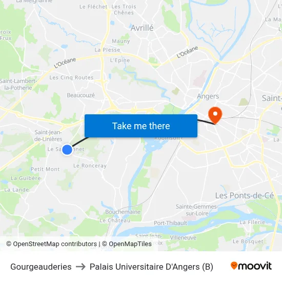 Gourgeauderies to Palais Universitaire D'Angers (B) map