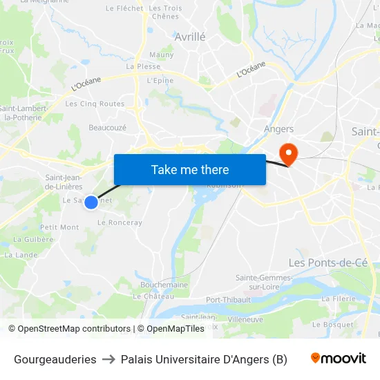Gourgeauderies to Palais Universitaire D'Angers (B) map