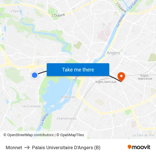 Monnet to Palais Universitaire D'Angers (B) map