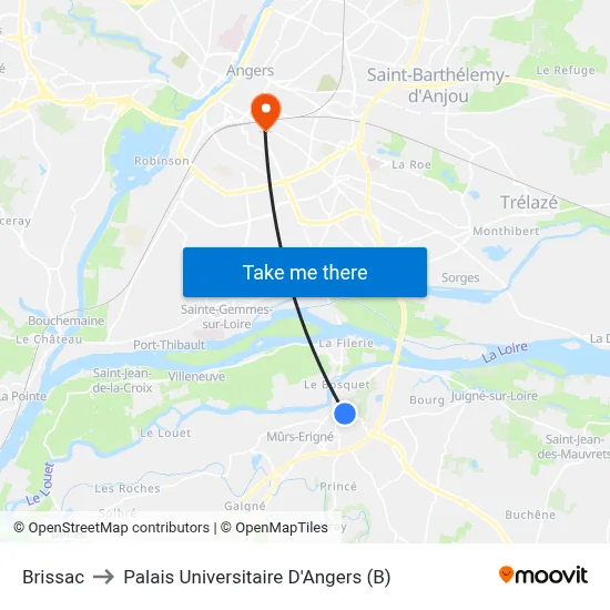 Brissac to Palais Universitaire D'Angers (B) map