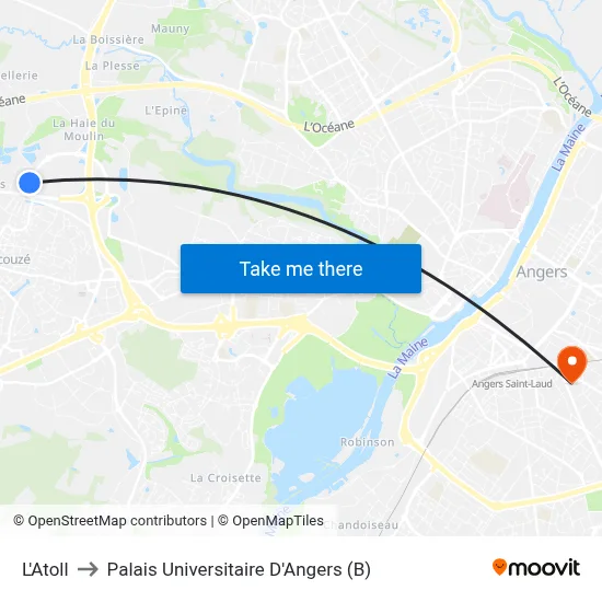 L'Atoll to Palais Universitaire D'Angers (B) map