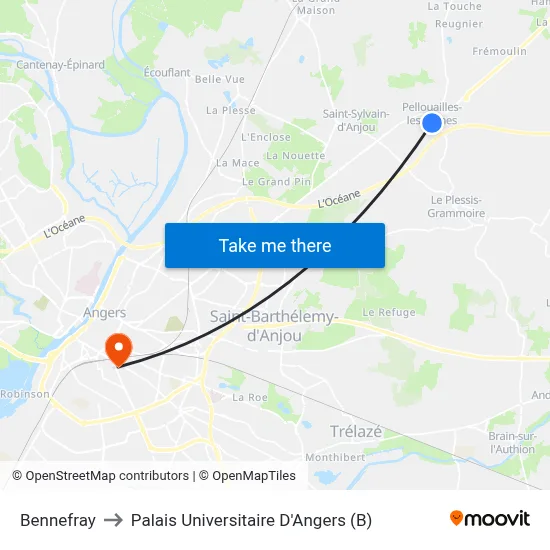 Bennefray to Palais Universitaire D'Angers (B) map