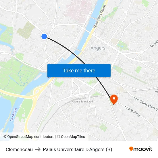 Clémenceau to Palais Universitaire D'Angers (B) map