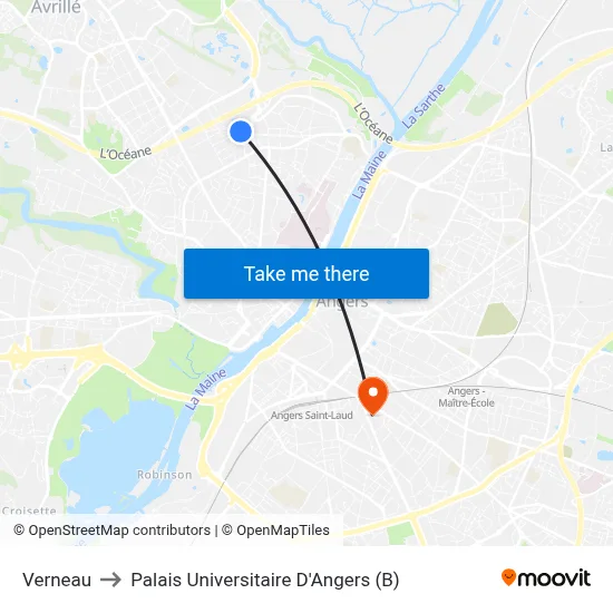 Verneau to Palais Universitaire D'Angers (B) map