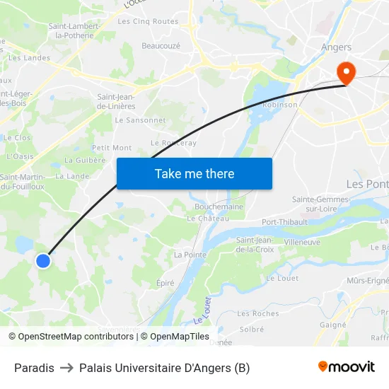 Paradis to Palais Universitaire D'Angers (B) map