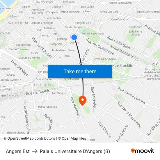 Angers Est to Palais Universitaire D'Angers (B) map
