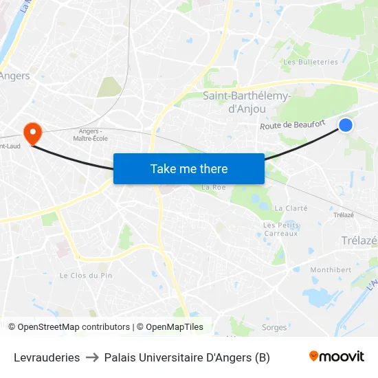 Levrauderies to Palais Universitaire D'Angers (B) map