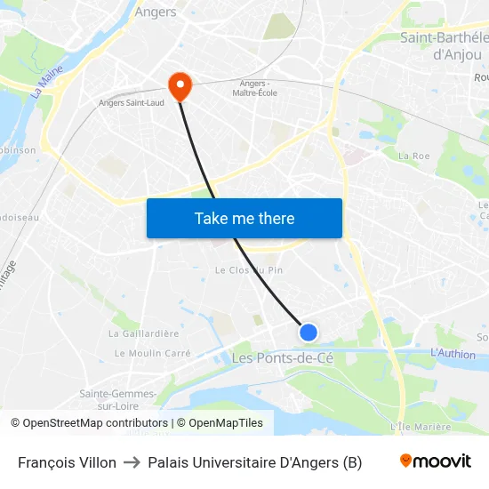 François Villon to Palais Universitaire D'Angers (B) map