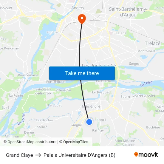 Grand Claye to Palais Universitaire D'Angers (B) map