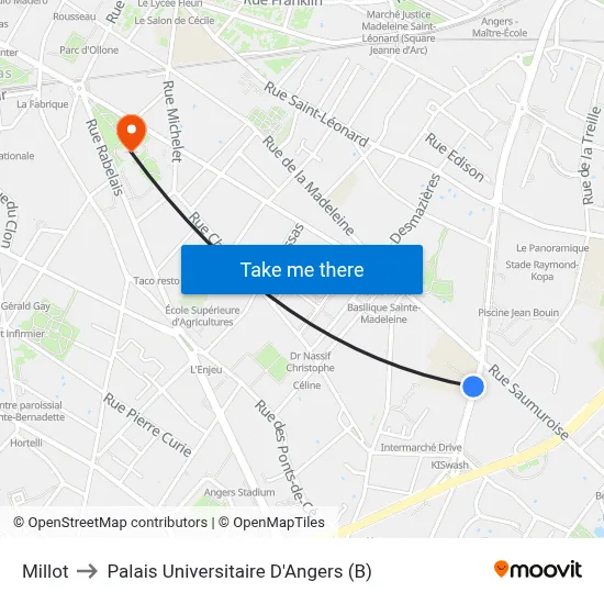 Millot to Palais Universitaire D'Angers (B) map