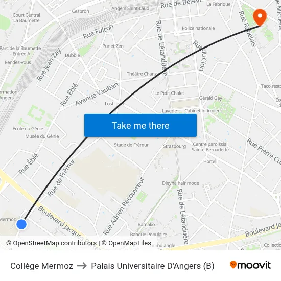 Collège Mermoz to Palais Universitaire D'Angers (B) map