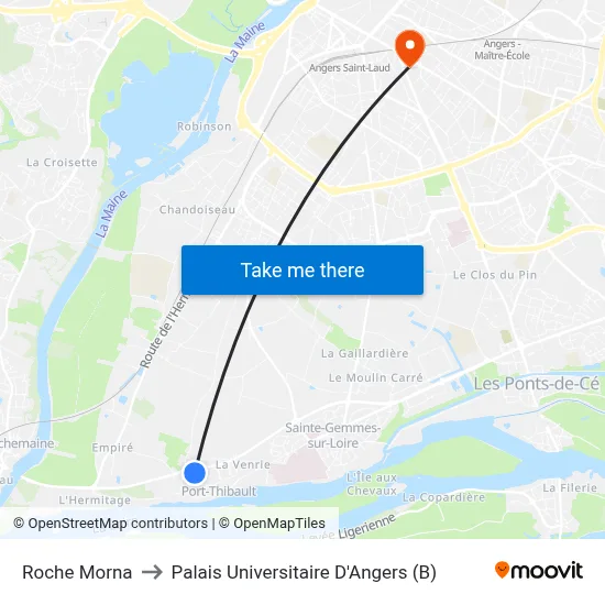 Roche Morna to Palais Universitaire D'Angers (B) map