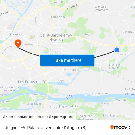 Juignet to Palais Universitaire D'Angers (B) map
