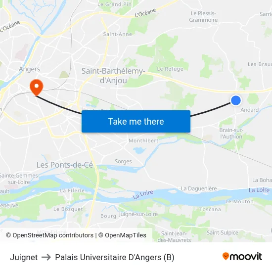 Juignet to Palais Universitaire D'Angers (B) map