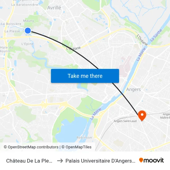 Château De La Plesse to Palais Universitaire D'Angers (B) map