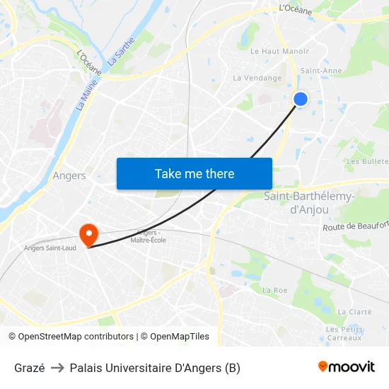 Grazé to Palais Universitaire D'Angers (B) map