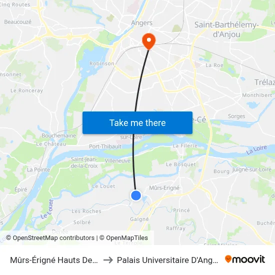Mûrs-Érigné Hauts De Mûrs to Palais Universitaire D'Angers (B) map