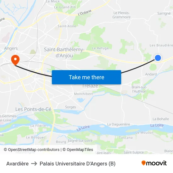 Avardière to Palais Universitaire D'Angers (B) map