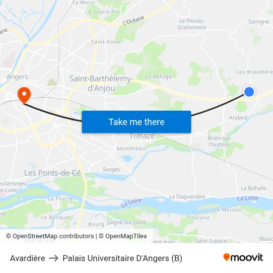 Avardière to Palais Universitaire D'Angers (B) map