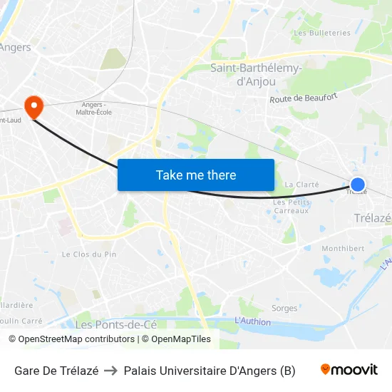 Gare De Trélazé to Palais Universitaire D'Angers (B) map