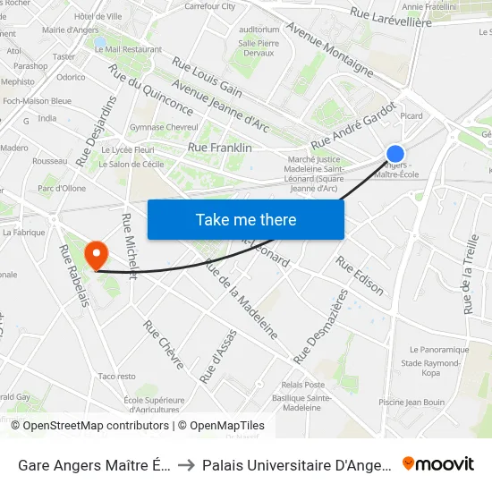 Gare Angers Maître École to Palais Universitaire D'Angers (B) map