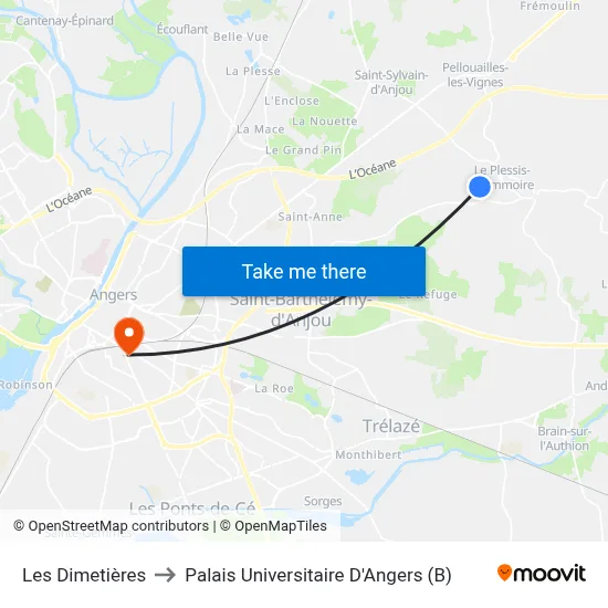 Les Dimetières to Palais Universitaire D'Angers (B) map