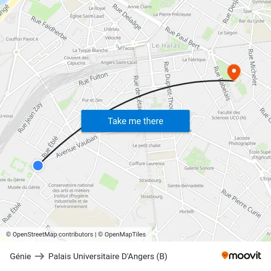 Génie to Palais Universitaire D'Angers (B) map