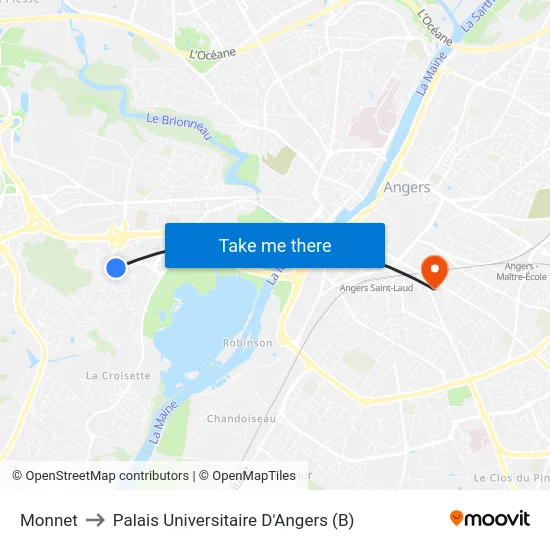 Monnet to Palais Universitaire D'Angers (B) map